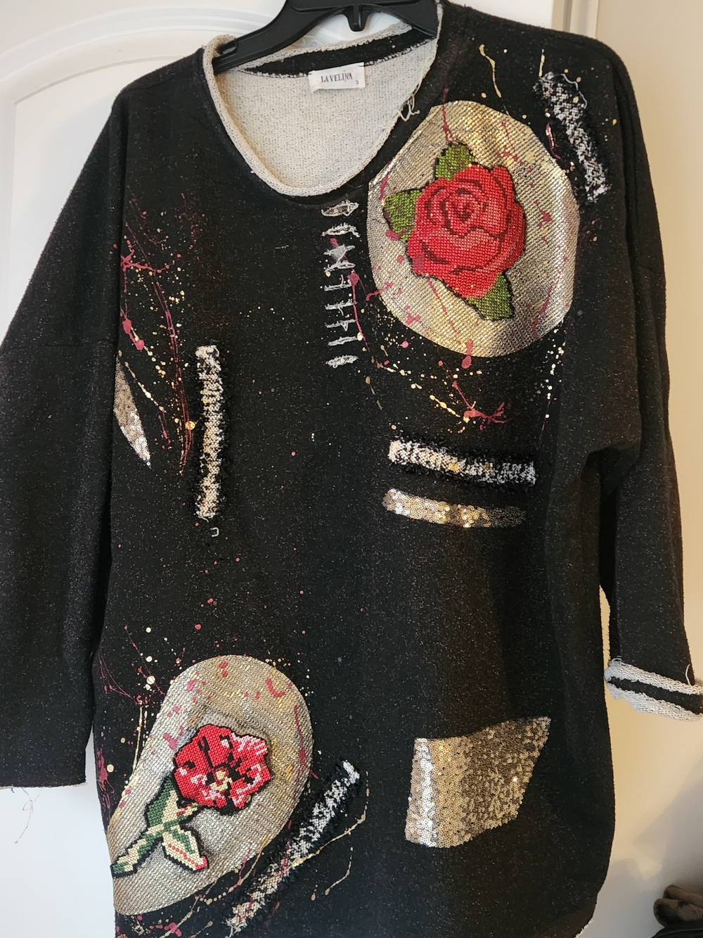 Lavelle Brown Crewneck Sweater with Red Rose Sequin Appliqués
